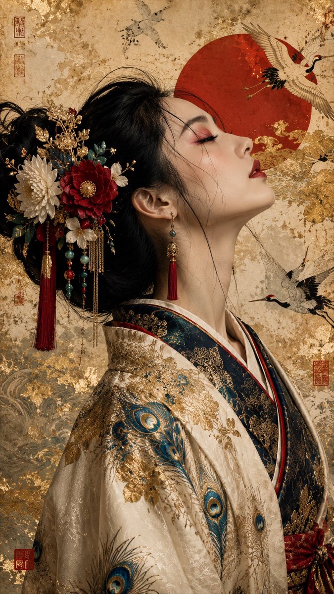 超精细肖像，美丽的日本女性，侧面朝右，头部后仰，双眼微闭，嘴唇微张，表情宁静安详。无瑕瓷器般肌肤，柔和红色眼影，深朱红唇彩，优雅纤长的脖颈。日本传统发型（Nihongami）盘髻…