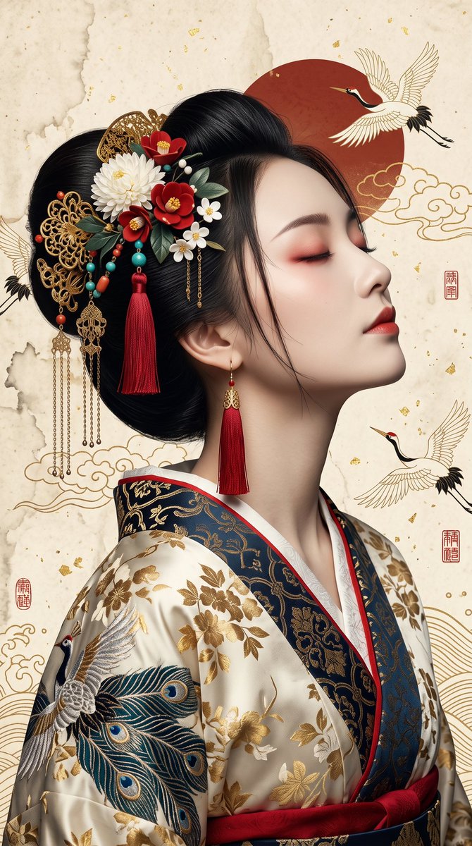超精细肖像，美丽的日本女性，侧面朝右，头部后仰，双眼微闭，嘴唇微张，表情宁静安详。无瑕瓷器般肌肤，柔和红色眼影，深朱红唇彩，优雅纤长的脖颈。日本传统发型（Nihongami）盘髻…
