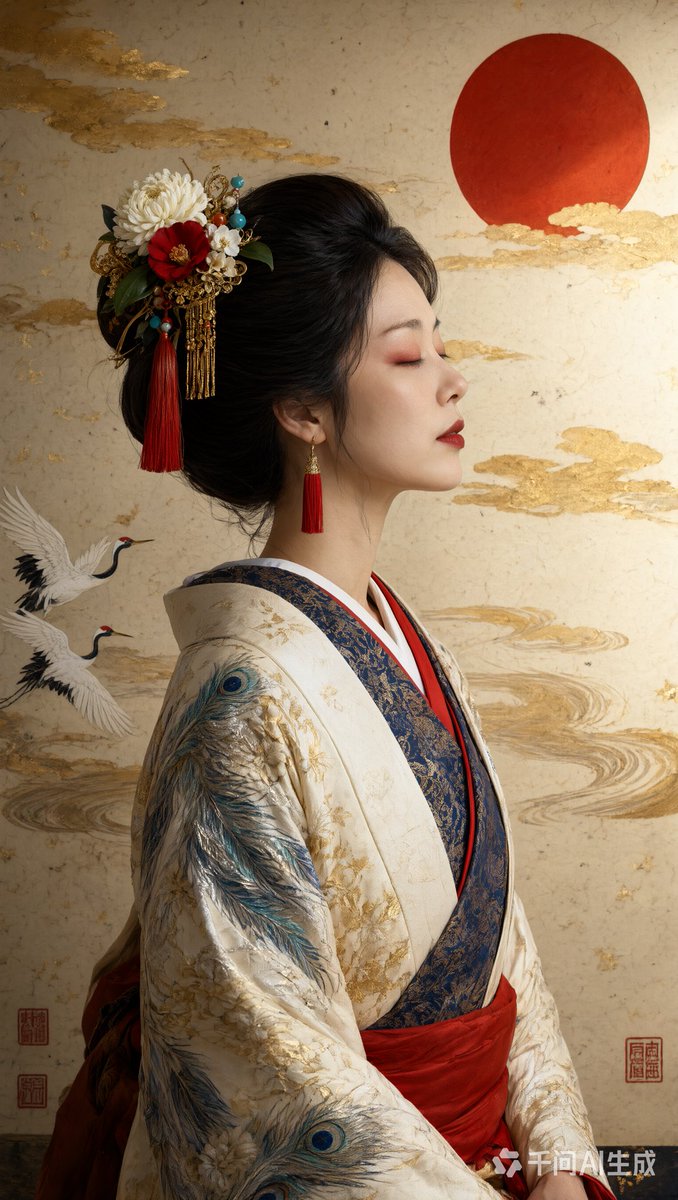 超精细肖像，美丽的日本女性，侧面朝右，头部后仰，双眼微闭，嘴唇微张，表情宁静安详。无瑕瓷器般肌肤，柔和红色眼影，深朱红唇彩，优雅纤长的脖颈。日本传统发型（Nihongami）盘髻…