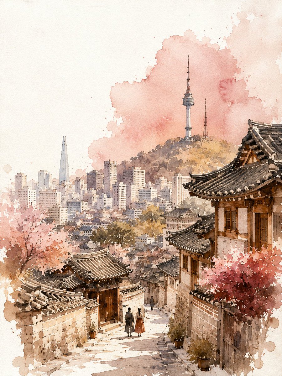 水彩与墨水旅行海报，关于 {CITY}，{COUNTRY}。竖版 3:4。 松散的手绘海报，已完成 — 不是未完成的草稿。 身份锁定 — 画得清晰并上色，绝不只留空线条： 选取…