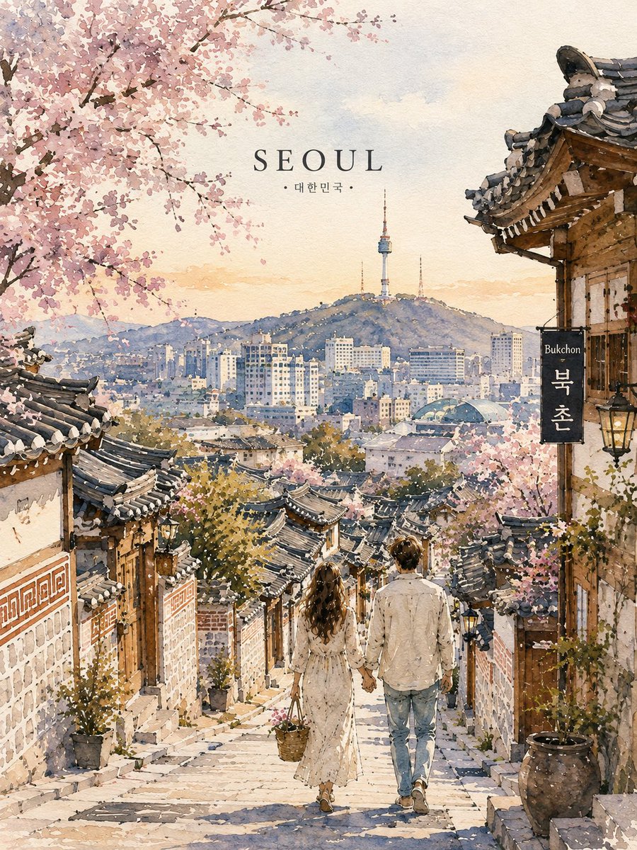 创作一幅高端竖版 4:5 水彩旅行海报，以浪漫、沉浸式的旅行场景描绘 [CITY]（[CITY]）和 [COUNTRY]（[COUNTRY]）。 展示一条迷人的小径、阶梯、街道、…
