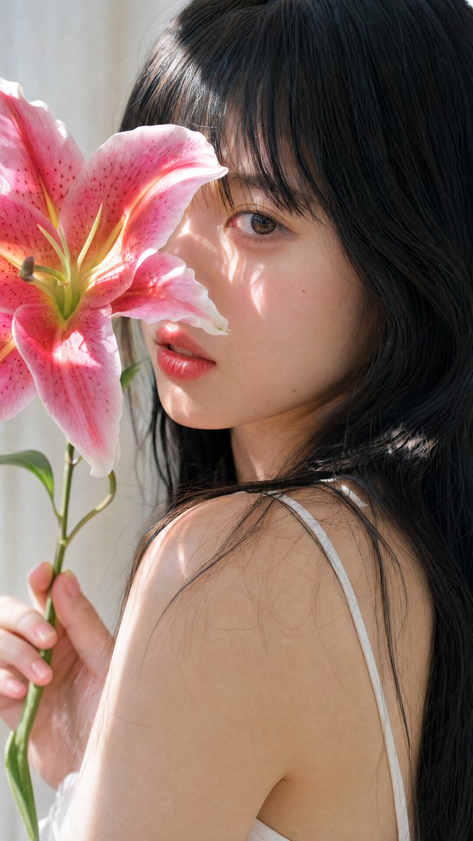 [GPT Image 2 Prompt] ar 9:16 4K High 一位年轻东亚女性的柔和、亲密的特写肖像，她留着黑色长直发，齐刘海修饰着脸庞。她拥有白…