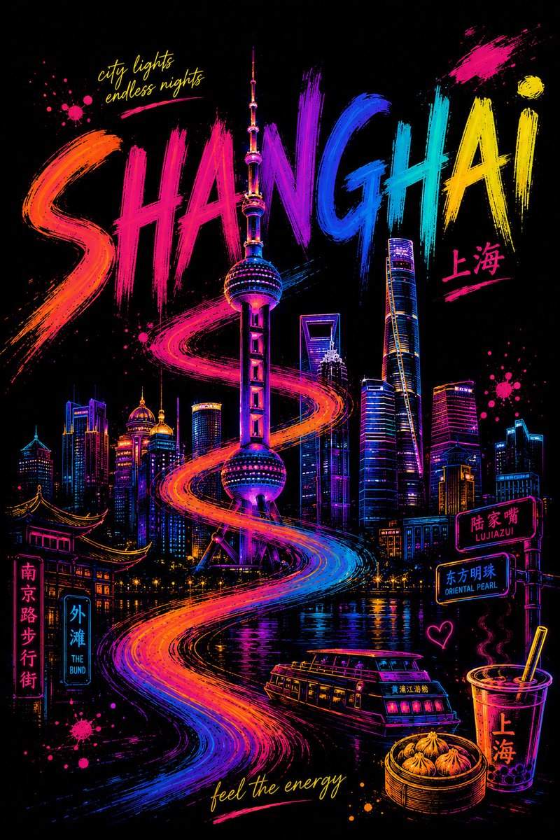 为 [CITY]（[COUNTRY]）创作一幅高端 4:5 竖版艺术旅行海报，主题概念为"霓虹丝带之城"。 采用深邃哑光黑色背景，营造戏剧性的留白空间。整幅画面以表现力的手绘霓虹…