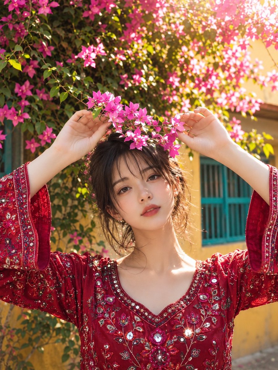 超写实、摄影级真实感的人像肖像：一位年轻的南亚女性，站立在户外一个美丽的传统庭院中，四周环绕着郁郁葱葱的三角梅藤蔓，藤蔓上开满了鲜艳的粉色花朵。她拥有柔和细腻的五官、富有表现力的…