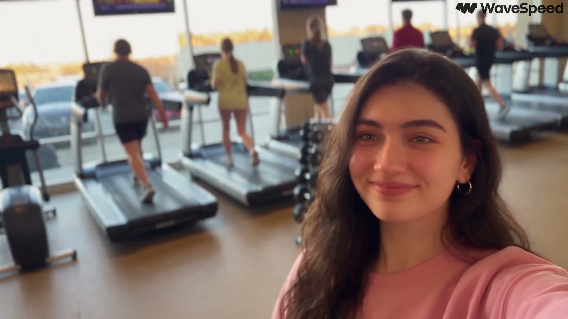 创作一段30秒的休闲健身房vlog，主角为同一位二十岁出头的年轻女性。她拥有自然朴素的日常美感，且全片中她的脸部和发型保持完全一致。 镜头与视觉风格 一条连续…