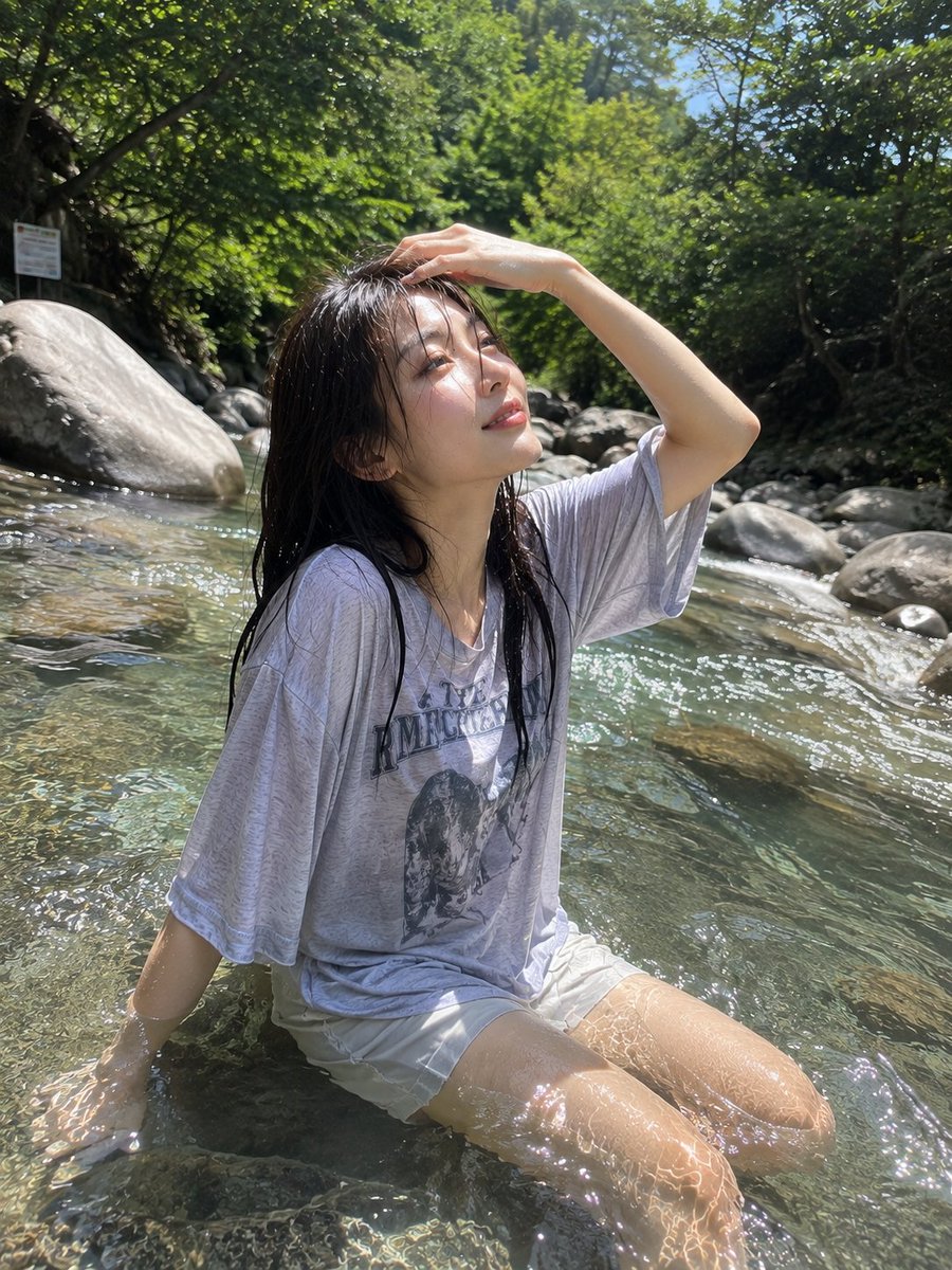 超写实、抓拍感的户外照片：晴朗的夏日，一位年轻成年东亚女性坐在清澈的浅山溪中。她留着笔直的深棕黑色头发，自然湿润的头发轻轻贴在脸上，柔软轻盈的刘海和几缕松散发…