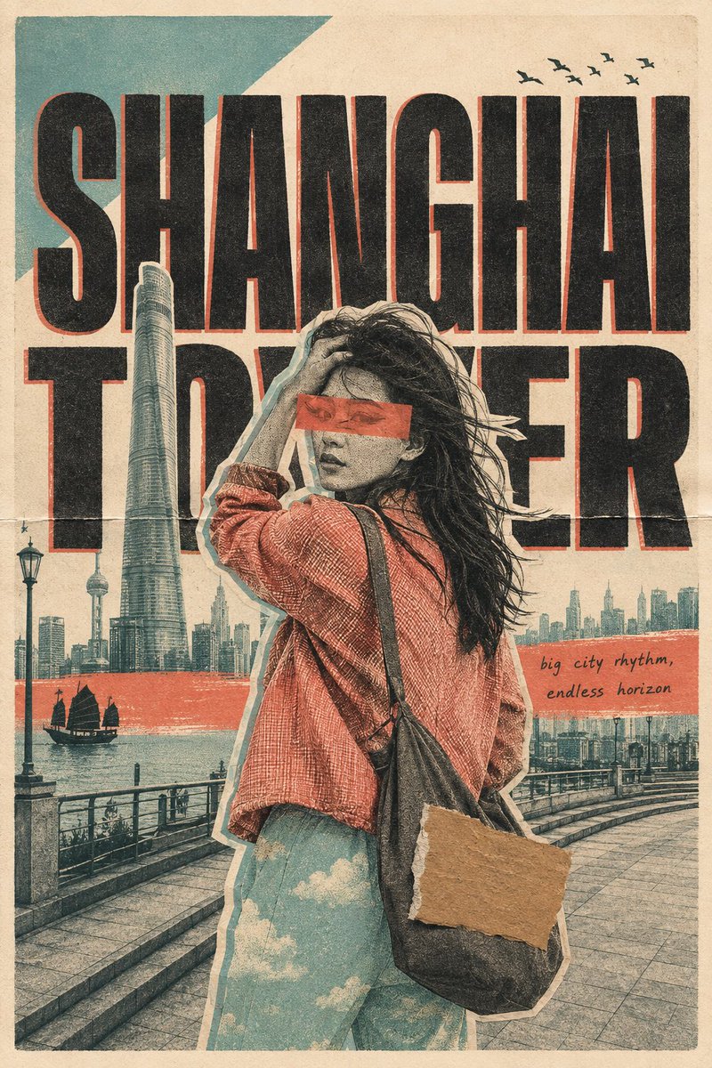 格式。3:4 纵向旅行海报——手工 risograph 丝网印刷与剪纸拼贴，扫描自实体纸张。 印刷。暖米色纤维纸 (#F1E7D6)，可见纸纹肌理与一道细微的折叠压痕。纸张为最浅…