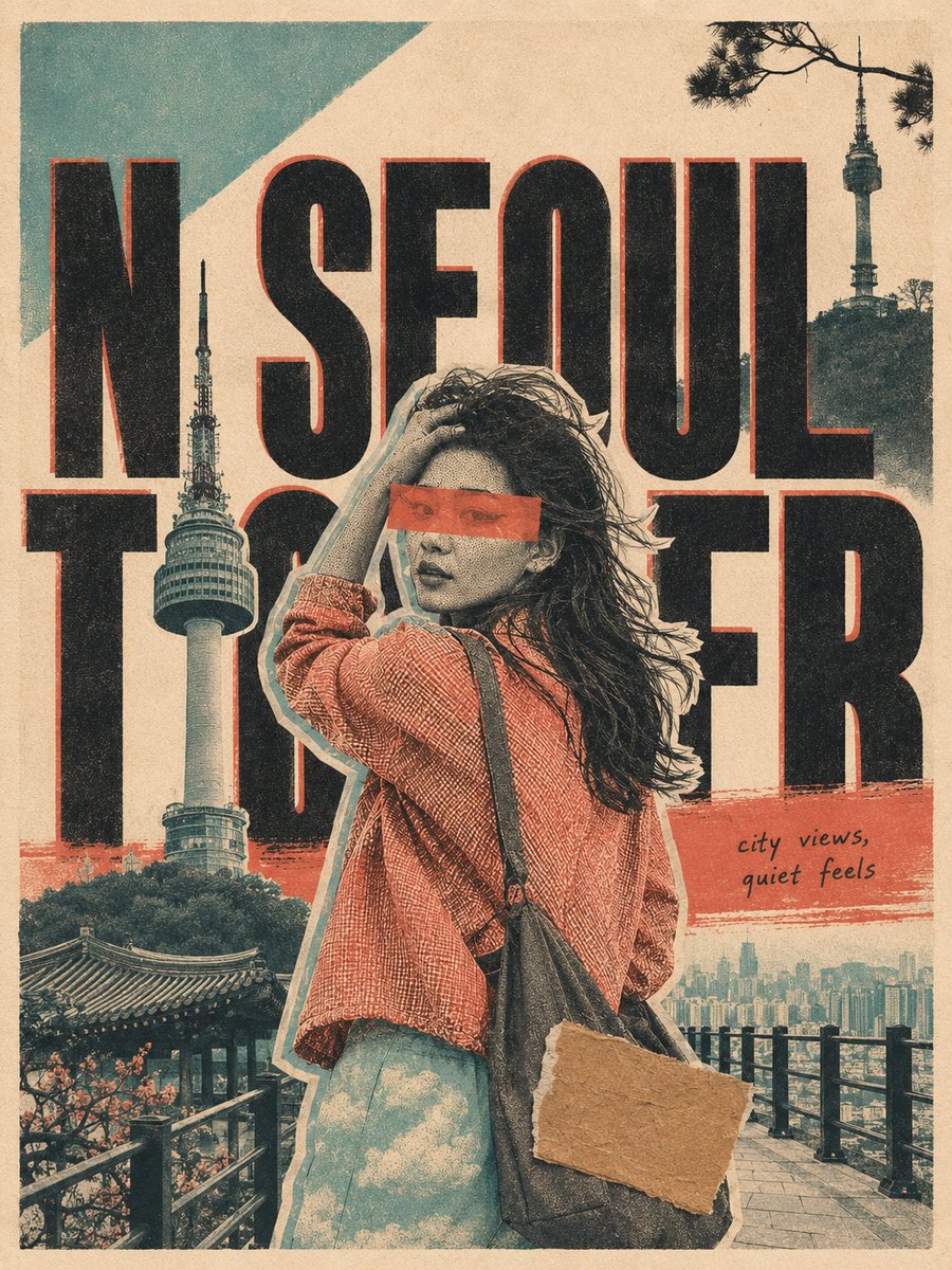 格式。3:4 纵向旅行海报——手工 risograph 丝网印刷与剪纸拼贴，扫描自实体纸张。 印刷。暖米色纤维纸 (#F1E7D6)，可见纸纹肌理与一道细微的折叠压痕。纸张为最浅…