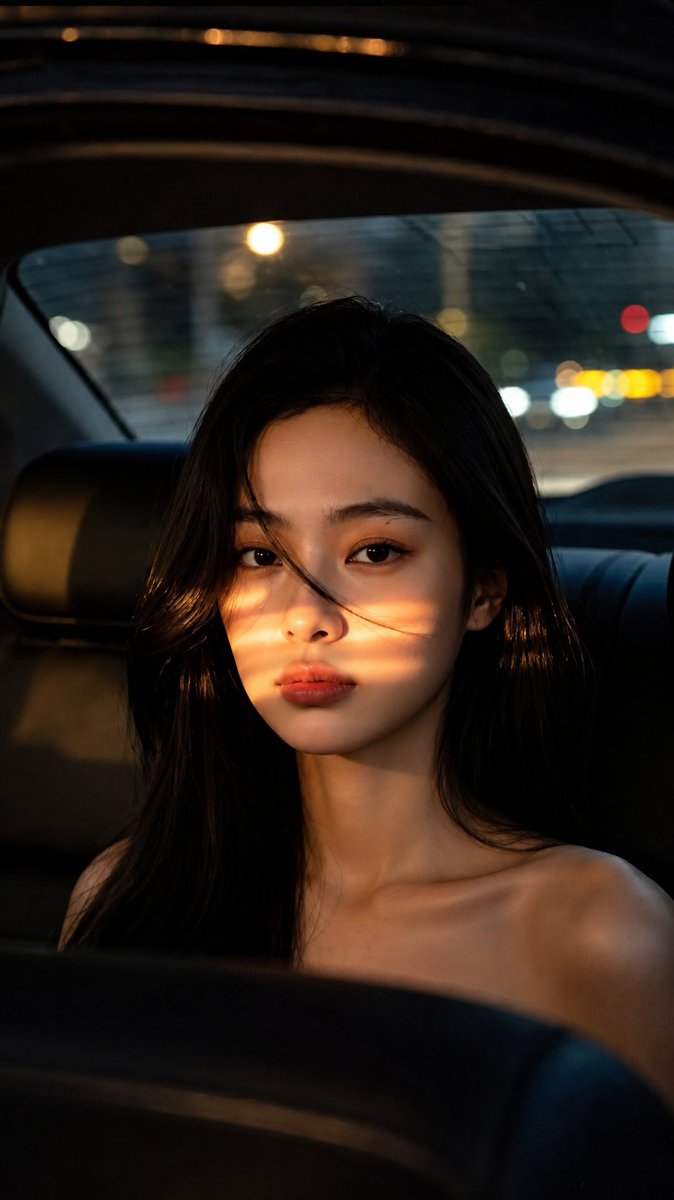 AI 图像增强提示词 一张电影感的、照片般逼真的近景特写肖像，描绘一位年轻的东亚女性夜晚坐在汽车后座。她拥有自然顺直、光泽乌黑的长发，几缕松散的丝缕柔和地垂落…