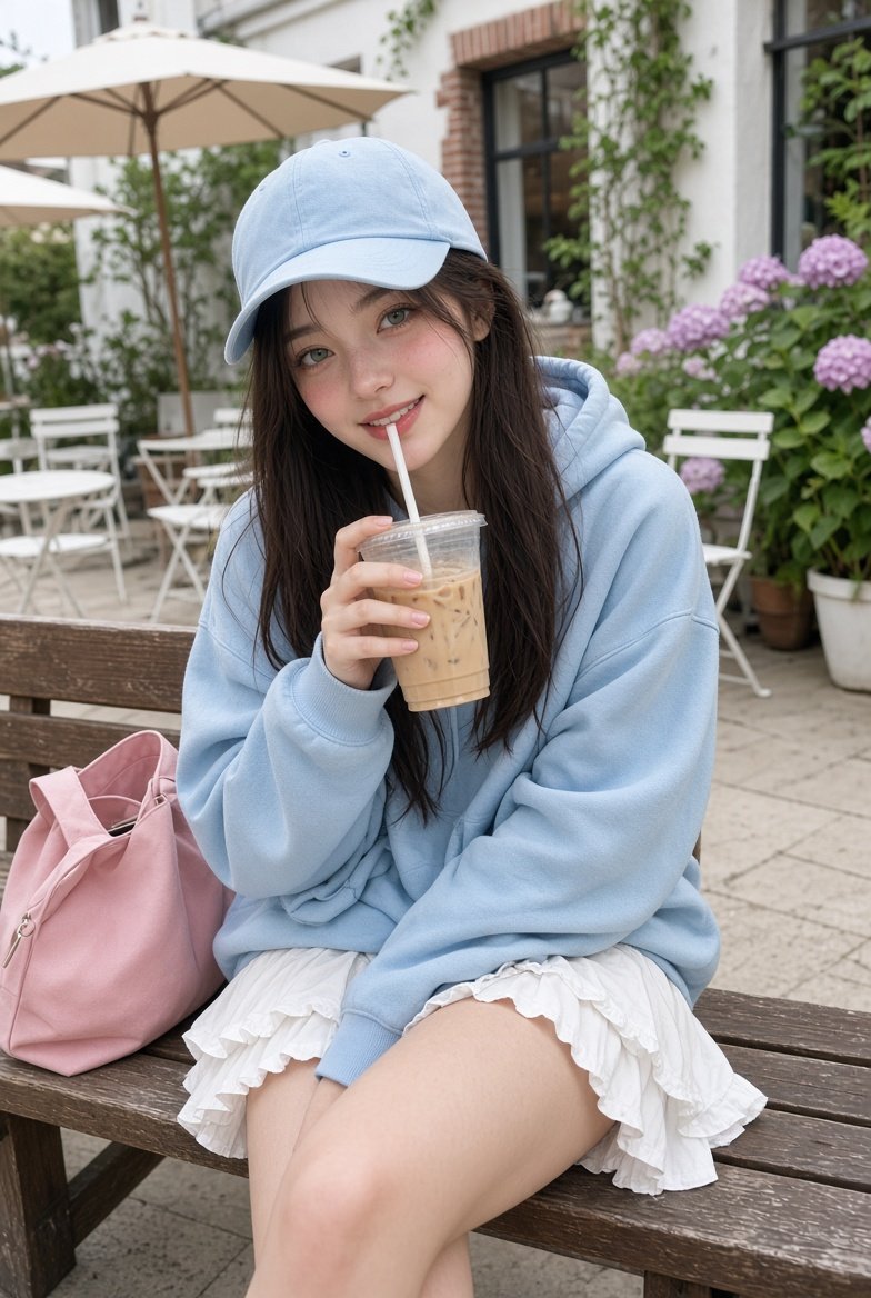 一位年轻女性，皮肤白皙，眼睛呈浅绿色与淡褐色相间的榛色，妆容柔和自然，笑容温暖温柔，长长的深棕色头发，坐在咖啡馆露台上一张温馨的木质户外长椅上。她身穿一件浅蓝…