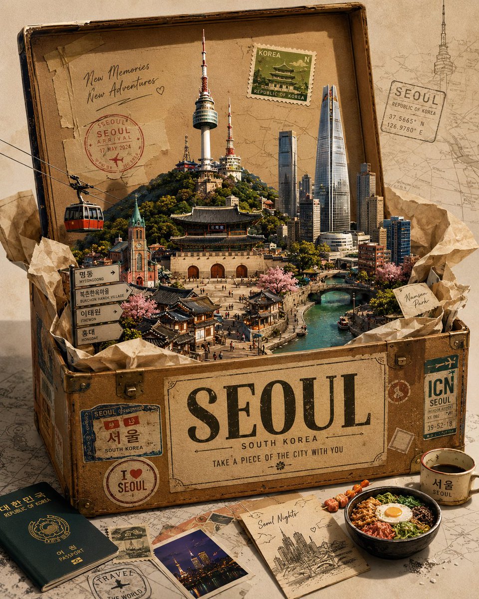 创建一个优质的4:5竖版艺术旅行海报，用于[CITY]，[COUNTRY]，基于“UNPACKING THE CITY.”概念。 展示一个设计精美的复古旅行箱或打开的纸板旅行盒…