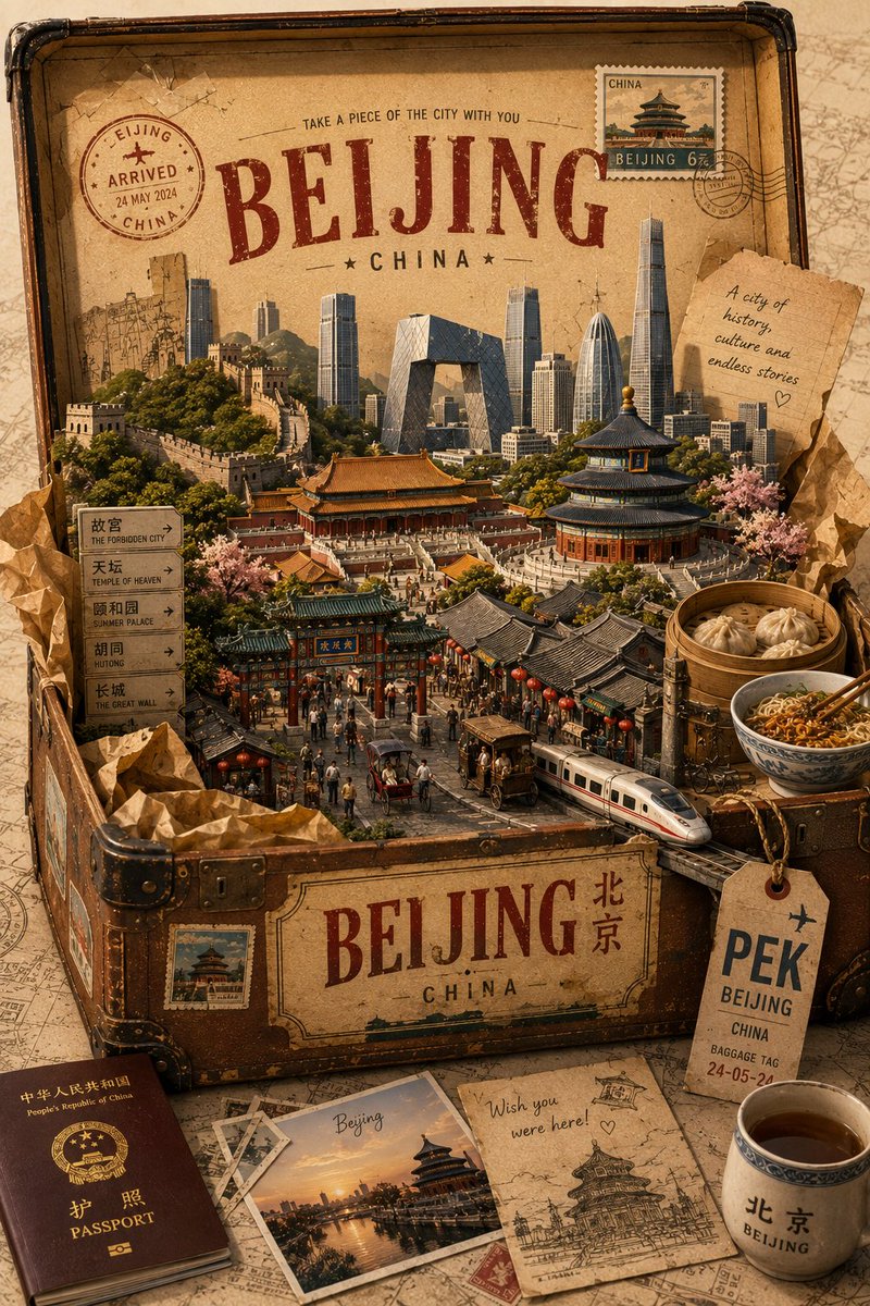 创建一个优质的4:5竖版艺术旅行海报，用于[CITY]，[COUNTRY]，基于“UNPACKING THE CITY.”概念。 展示一个设计精美的复古旅行箱或打开的纸板旅行盒…