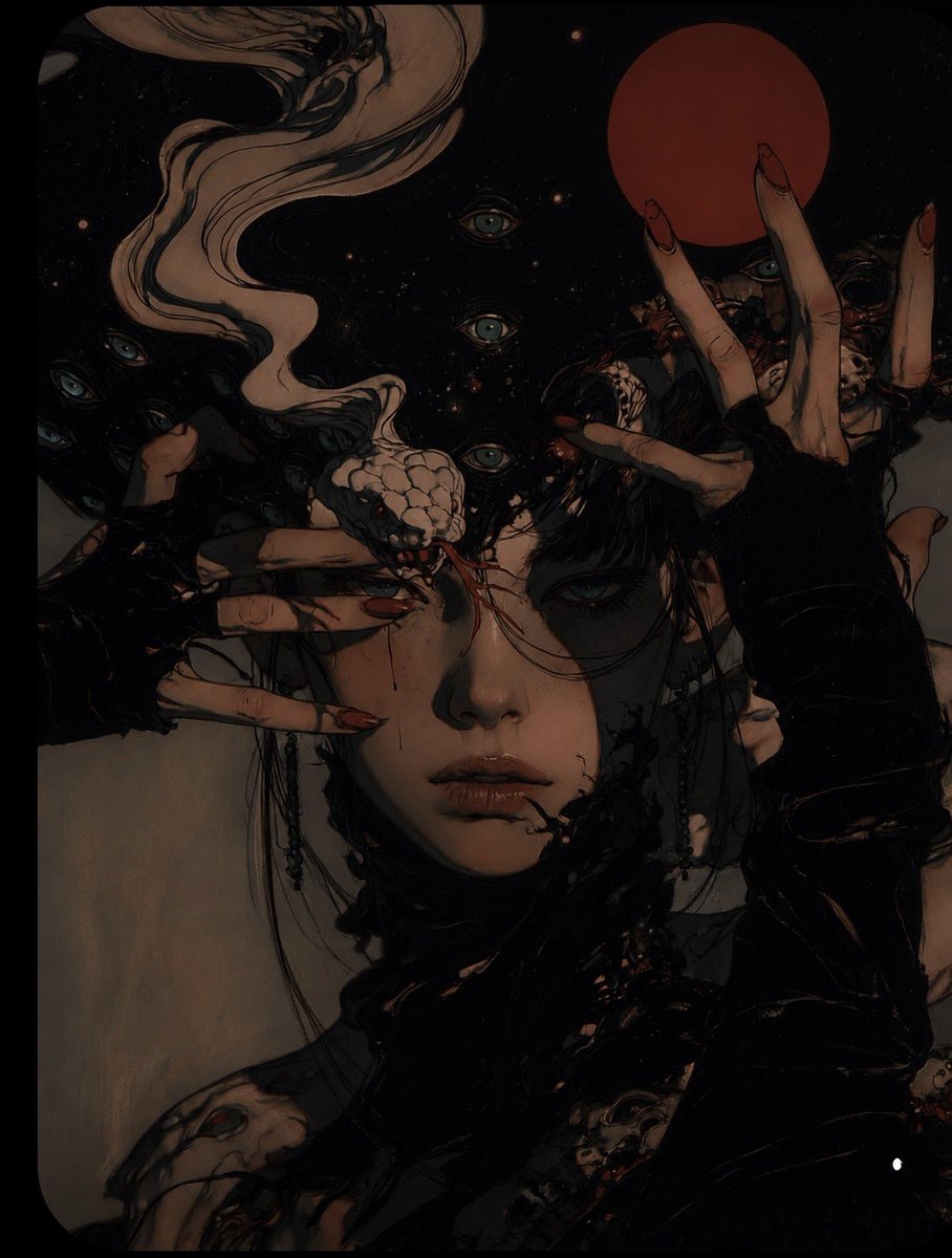 一幅高度精细的超现实哥特恐怖肖像画，描绘一位苍白的年轻女性，留着黑色短发，居于紧凑的竖幅构图正中。她的神情平静、忧郁、令人难忘且情感疏离，眼妆浓重深沉，眼神疲…