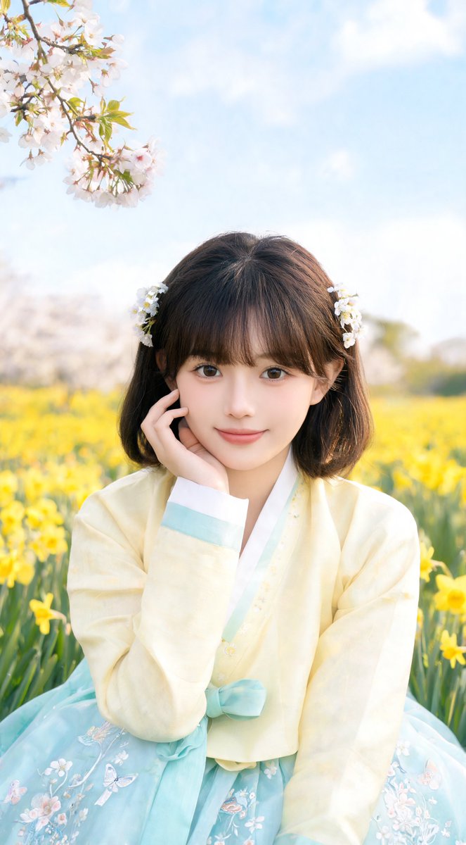 [Seedream 5.0 lite 提示词] ar 9:16 4K 一位美丽的东亚年轻女子，皮肤柔软白皙，有着一双大而有神的水汪汪的棕色眼睛，带着温柔的微笑，在春日阳光明媚的户…