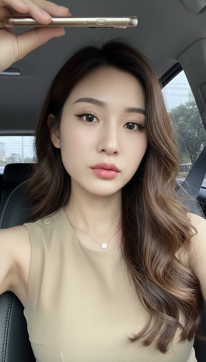 [Nano Banana Prompt] ar 9:16 一张年轻东亚女性的写实特写自拍照，她坐在汽车前排座椅上，从略高且倾斜的角度拍摄（手机举在头顶上方）。她有一头浓密的深棕色…
