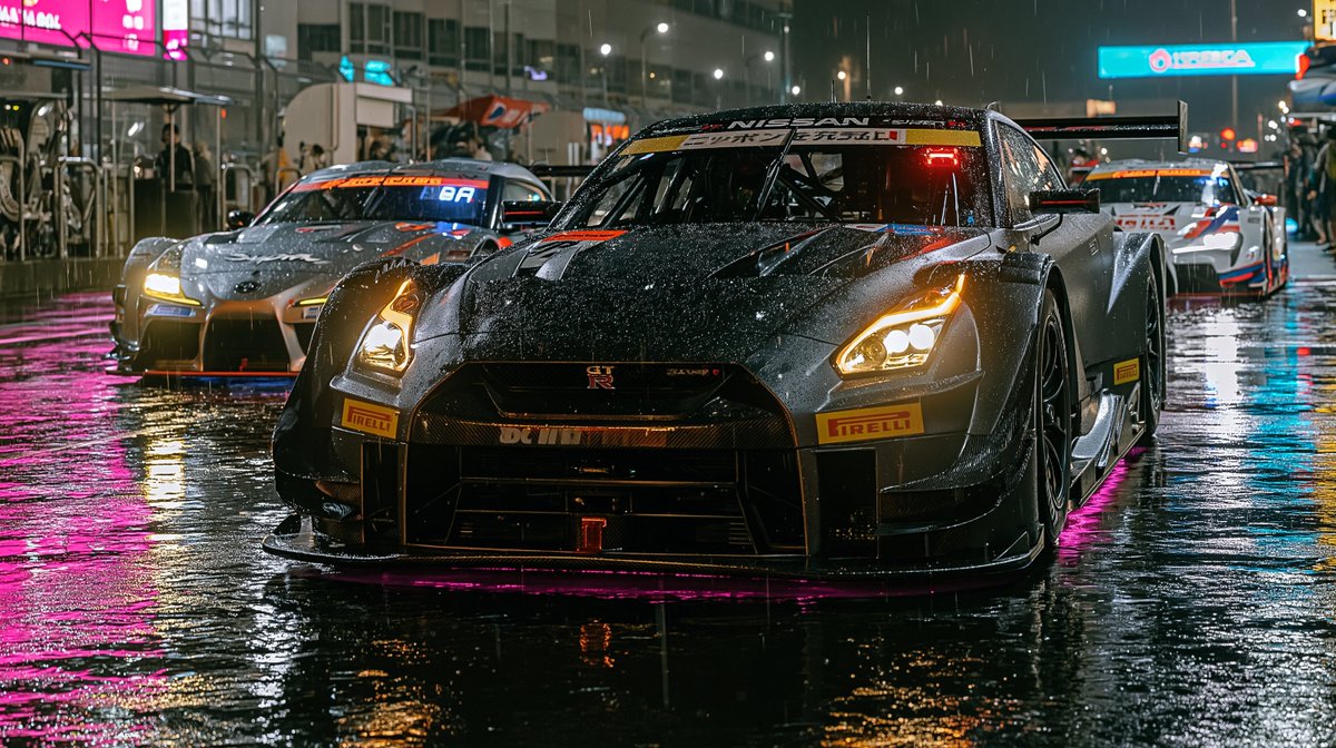 三辆日本Super GT赛车停放在夜晚灯火霓虹的潮湿赛道上，前方是哑光黑色宽体套件Nissan GT-R Super GT，带有洋红色底盘灯和碳纤维尾翼，后方是Toyota GR…