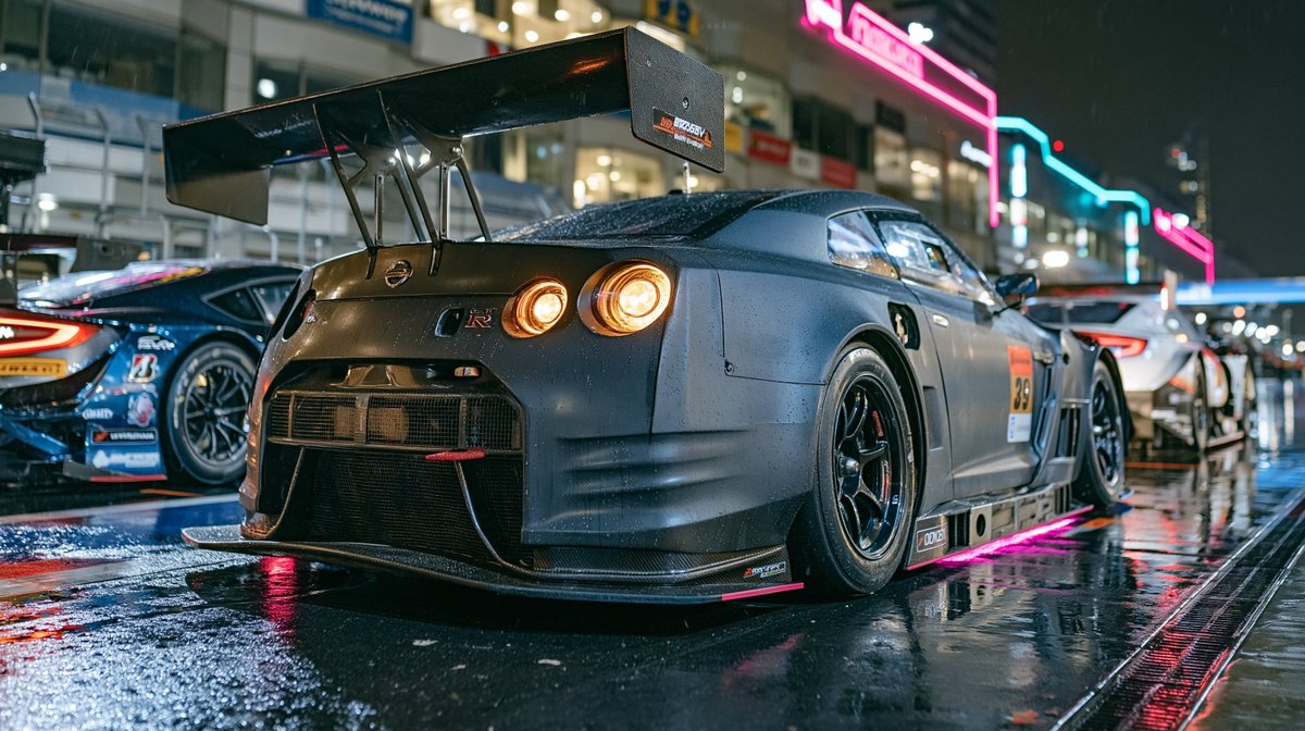 三辆日本Super GT赛车停放在夜晚灯火霓虹的潮湿赛道上，前方是哑光黑色宽体套件Nissan GT-R Super GT，带有洋红色底盘灯和碳纤维尾翼，后方是Toyota GR…