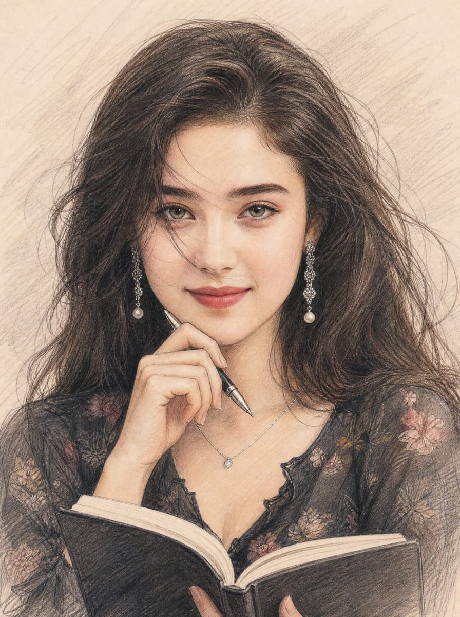 彩色铅笔素描风格，经典艺术绘画风格，细节高度精细渲染。 一位美丽的年轻女子面向镜头。面部特征应参考参考图1，而发型不应参考参考图1。 她穿着一件深色花卉图案的…