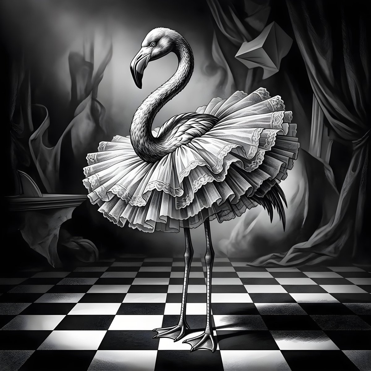 一幅高度细致、超现实主义的黑白插画，描绘了一只火烈鸟站立在方格地板上。火烈鸟的身体披着一条蓬松、褶皱的芭蕾舞裙，宛如层层精致的薄纱。芭蕾舞裙下方可见其修长纤细的双腿，脖颈优雅地弯…