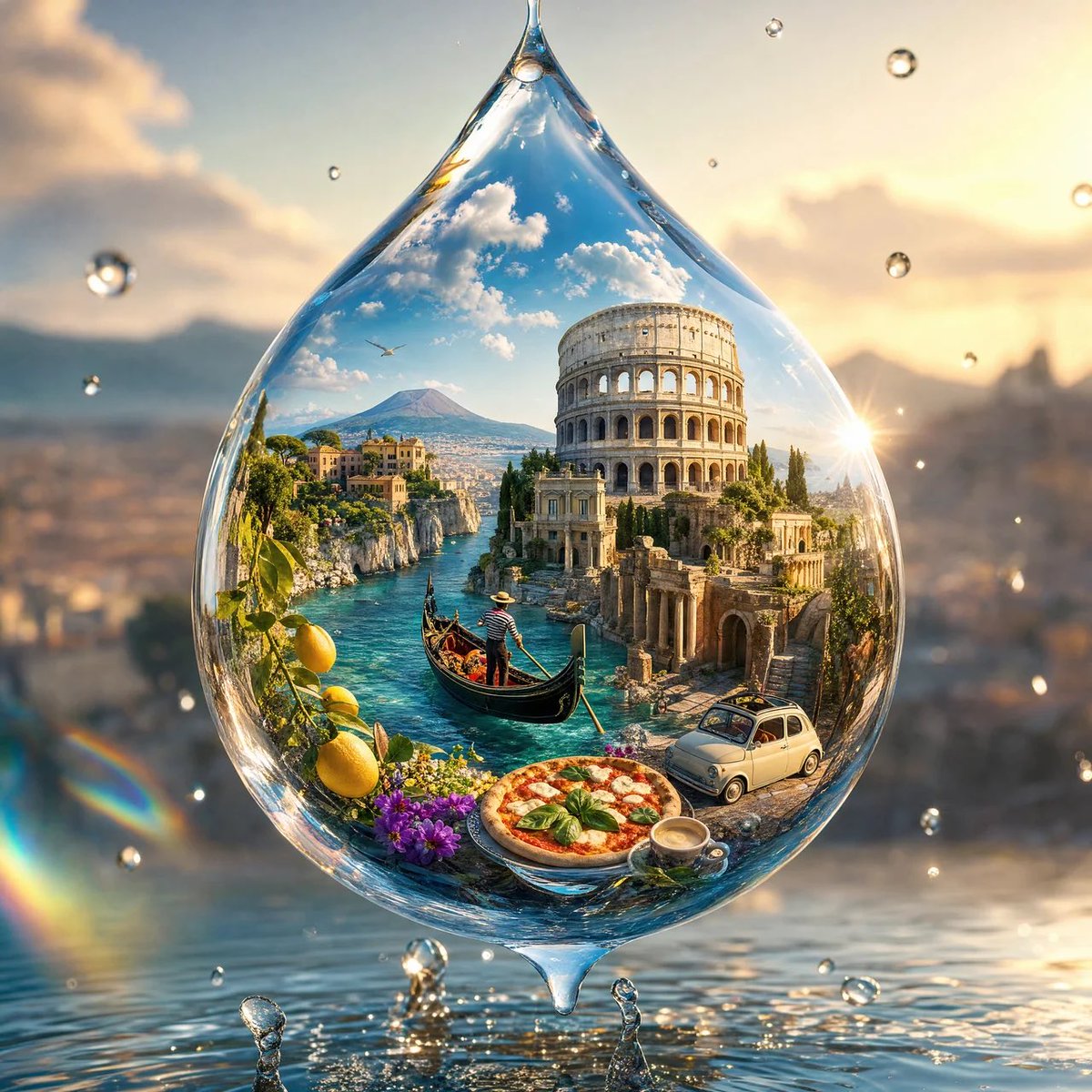 创作一幅令人惊叹的 4:5 竖版超写实艺术图像，画面中有一颗悬浮在空中的晶莹剔透的水滴，[COUNTRY] 的完整视觉形象被神奇地包含在这颗水滴之内。 水滴呈完美的球形，极度精细…