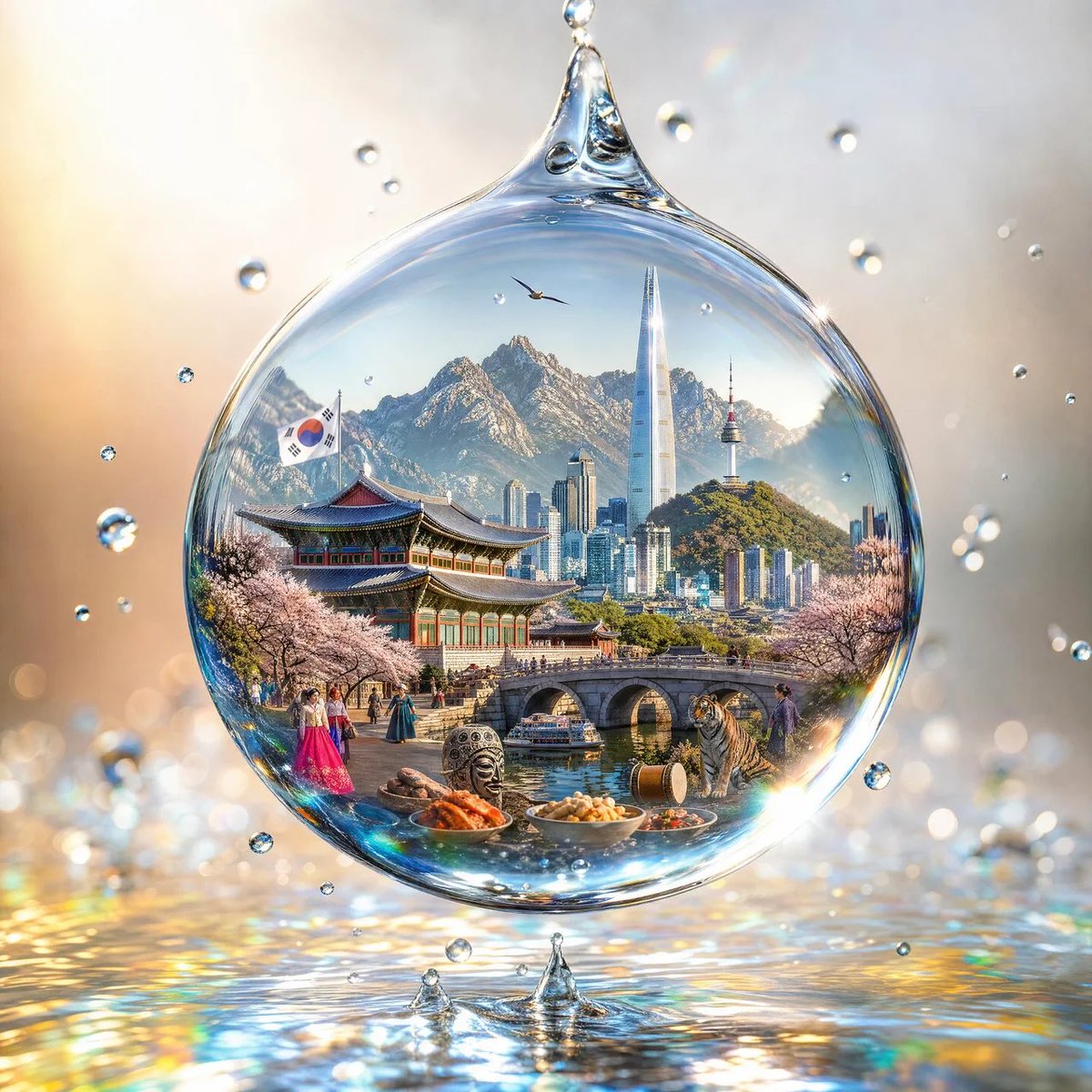 创作一幅令人惊叹的 4:5 竖版超写实艺术图像，画面中有一颗悬浮在空中的晶莹剔透的水滴，[COUNTRY] 的完整视觉形象被神奇地包含在这颗水滴之内。 水滴呈完美的球形，极度精细…