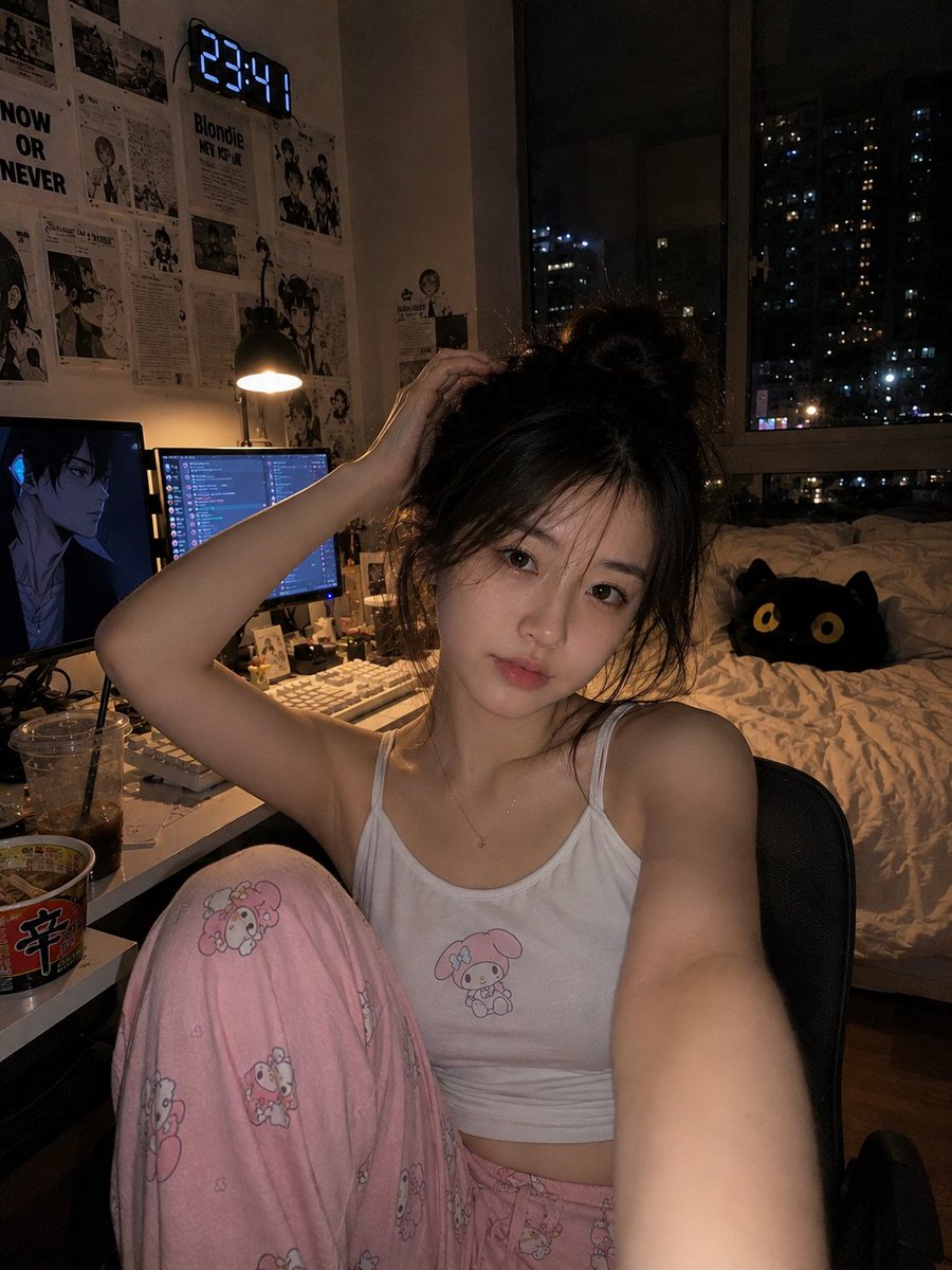 超写实的温馨深夜卧室自拍照,一位年轻的东亚女性随意地坐在书桌椅子里,旁边是她的游戏和学习装置。她拥有柔嫩的肌肤、精致的自然五官、富有表现力的大眼睛、淡淡的妆容,深棕色头发松松地扎…