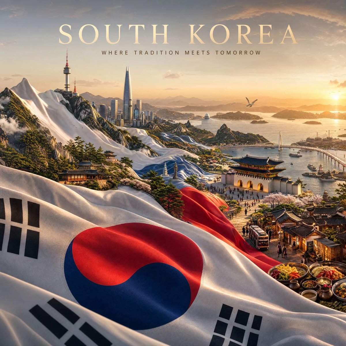 为[COUNTRY]（国家名称）创作一幅令人惊叹的高端4:5竖版电影质感旅游海报，基于以下构思： 一面巨大的[COUNTRY]国旗如奢华流动的丝绸般铺满整个画面。旗帜不仅仅是背景…