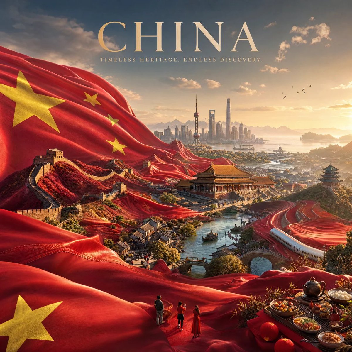 为[COUNTRY]（国家名称）创作一幅令人惊叹的高端4:5竖版电影质感旅游海报，基于以下构思： 一面巨大的[COUNTRY]国旗如奢华流动的丝绸般铺满整个画面。旗帜不仅仅是背景…