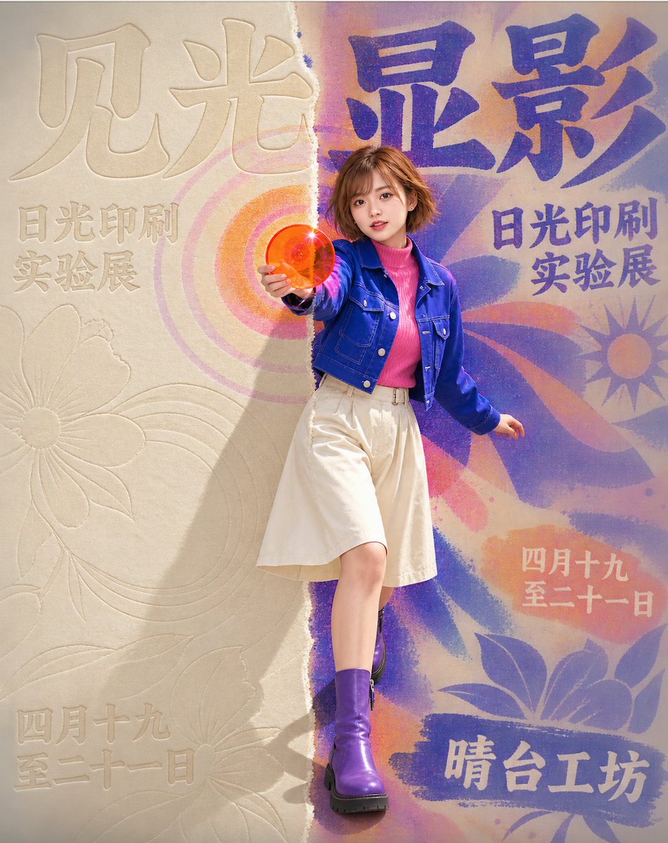 让同一张棉纸同时保留曝光前后两个时刻。垂直边界一侧是几乎无色的压痕，另一侧是被日光唤醒的高饱和光致变色油墨；人物跨线而立，身体两半接受不同的纸面反光，手中透明物体在边界中心触发同…