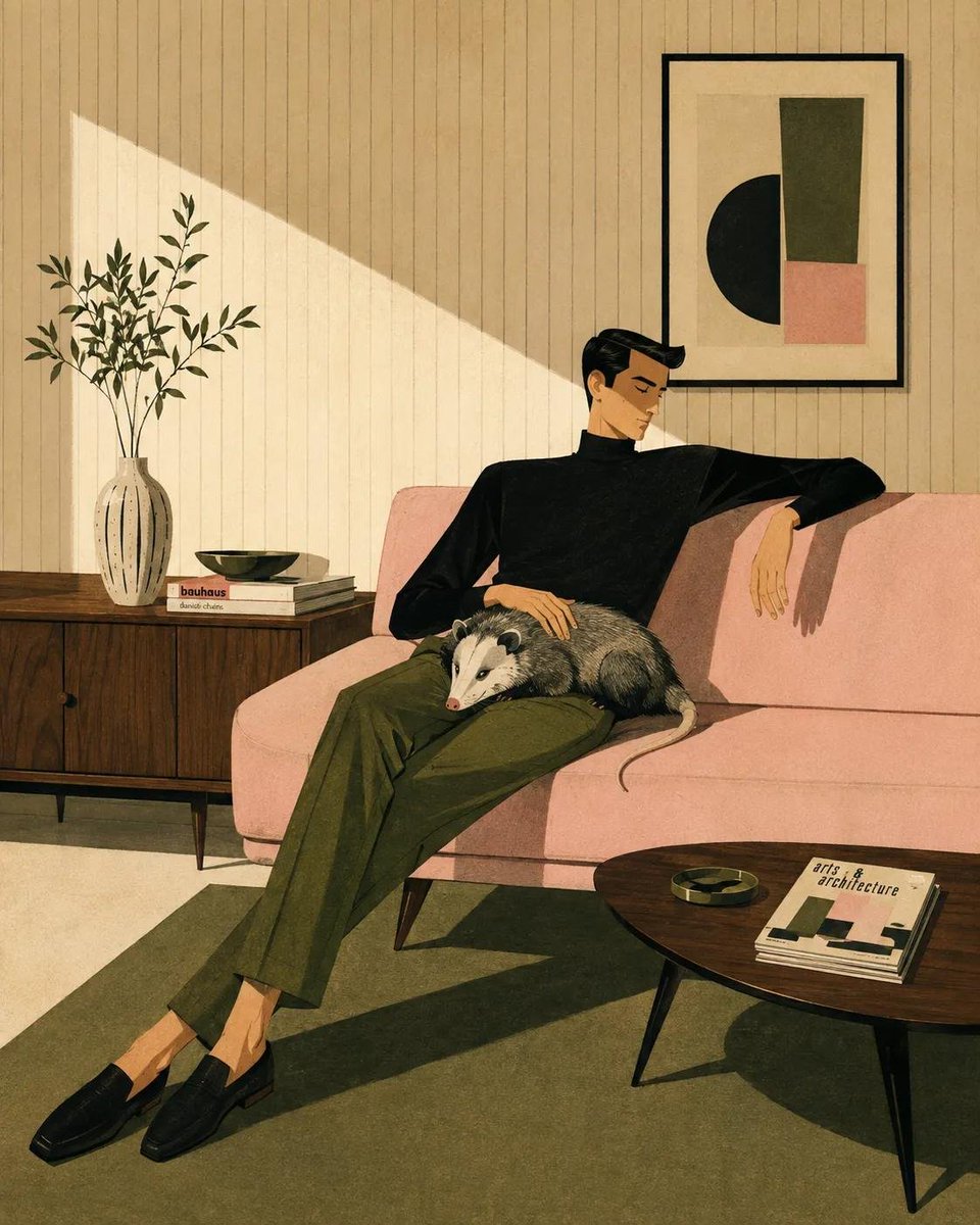 风格化的中世纪现代主义插画，画中[HUMAN]以[POSE]的姿态慵懒地倚靠在[SOFA]上，身着[CLOTHING]，旁边有[ANIMAL]静静休憩。场景设…