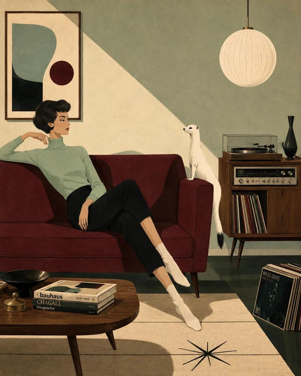 风格化的中世纪现代主义插画，画中[HUMAN]以[POSE]的姿态慵懒地倚靠在[SOFA]上，身着[CLOTHING]，旁边有[ANIMAL]静静休憩。场景设定于[SCENERY…