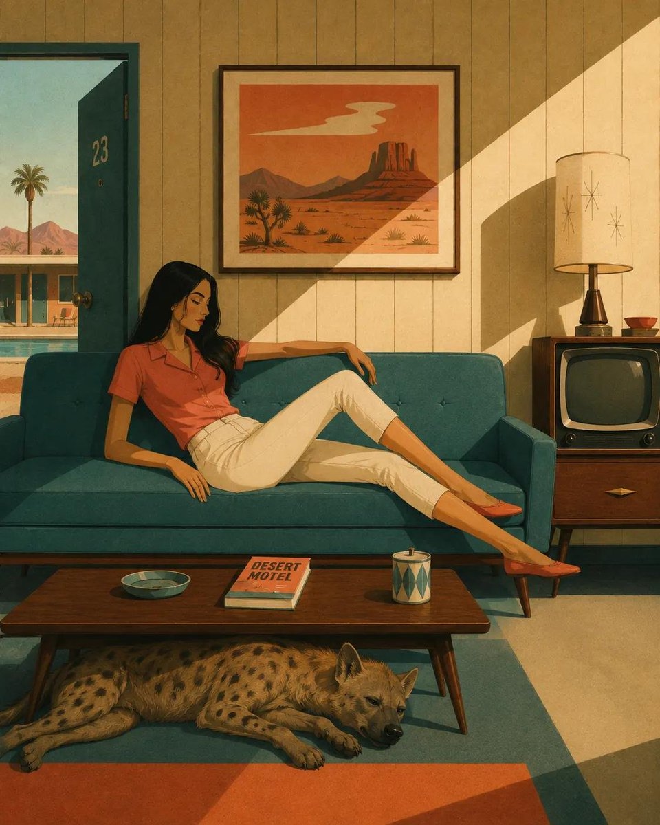 风格化的中世纪现代主义插画，画中[HUMAN]以[POSE]的姿态慵懒地倚靠在[SOFA]上，身着[CLOTHING]，旁边有[ANIMAL]静静休憩。场景设定于[SCENERY…