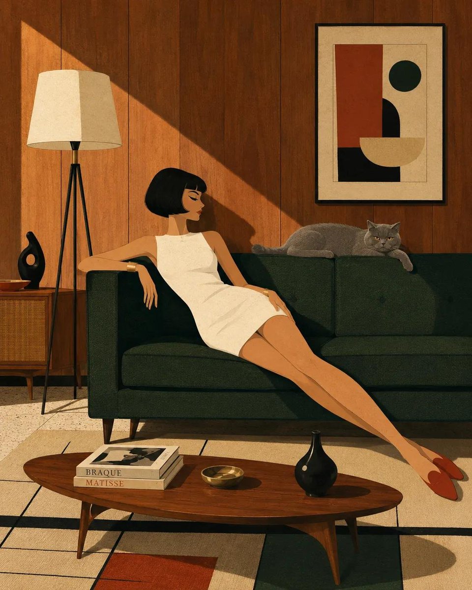 风格化的中世纪现代主义插画，画中[HUMAN]以[POSE]的姿态慵懒地倚靠在[SOFA]上，身着[CLOTHING]，旁边有[ANIMAL]静静休憩。场景设定于[SCENERY…