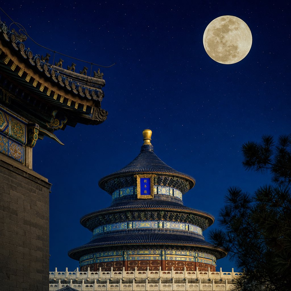 里约热内卢基督救世主雕像的远景长镜头，雕像在壮丽满月的映衬下形成完美的剪影。月亮是一颗耀眼的金色球体，正好位于雕像的正后方，营造出雕像人物将天体高高举起的壮观视觉幻象。紫灰色的朦…