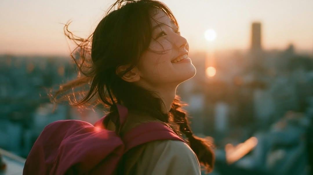 创作一幅电影感十足、怀旧的金色时刻人像照：一位年轻女子站在黄昏时分的大型城市窗户或玻璃幕墙旁，身着休闲浅色上衣，肩上自然搭着一件粉色毛衣，背着双肩包。她有一头…