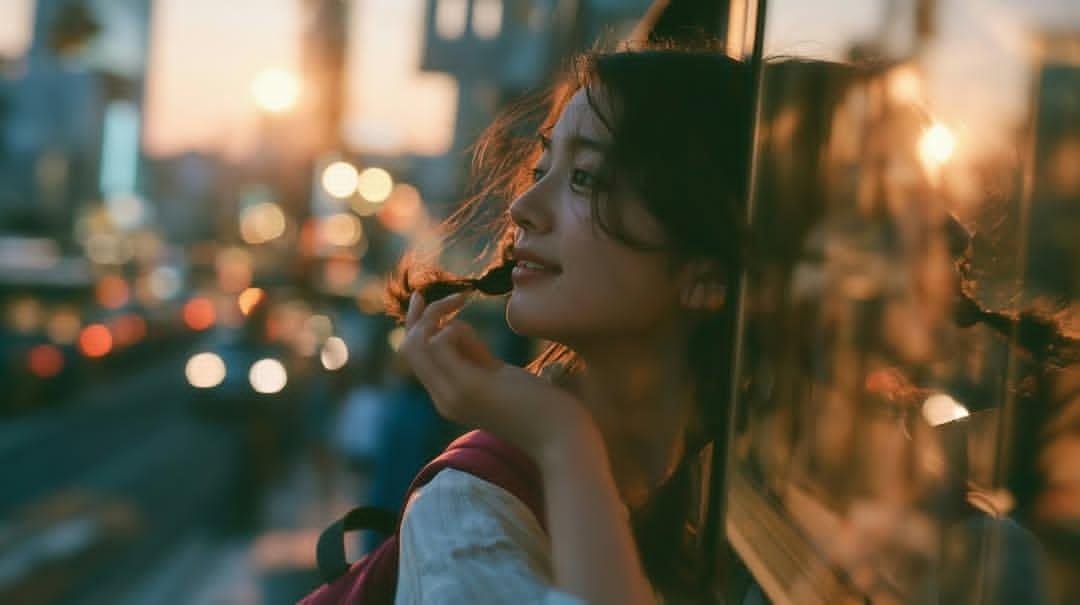 创作一幅电影感十足、怀旧的金色时刻人像照:一位年轻女子站在黄昏时分的大型城市窗户或玻璃幕墙旁,身着休闲浅色上衣,肩上自然搭着一件粉色毛衣,背着双肩包。她有一头深色、略带蓬松的及肩…