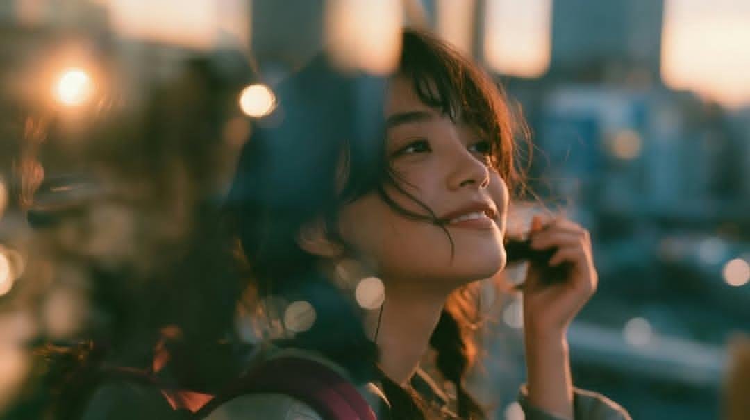 创作一幅电影感十足、怀旧的金色时刻人像照:一位年轻女子站在黄昏时分的大型城市窗户或玻璃幕墙旁,身着休闲浅色上衣,肩上自然搭着一件粉色毛衣,背着双肩包。她有一头深色、略带蓬松的及肩…