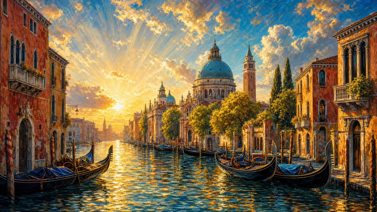 一幅生动的、绘画风格的旅游海报式城市景观，描绘了金色时刻的威尼斯运河，以浓郁饱和的蓝色、金色和温暖的赤陶色调渲染。主角场景聚焦于波光粼粼的阳光水面，延伸向远处…
