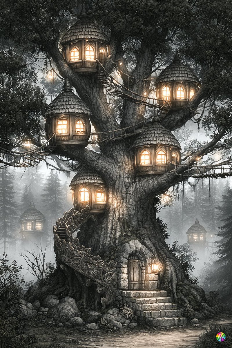 奇幻数字绘画，黄昏光影，暖金色窗户光芒映衬冷蓝灰色天空，画意细节，电影感氛围。一棵巨大的古老橡树作为多层级树屋村落，几间圆形木质荚状小屋错落分布於浓密的枝桠间…