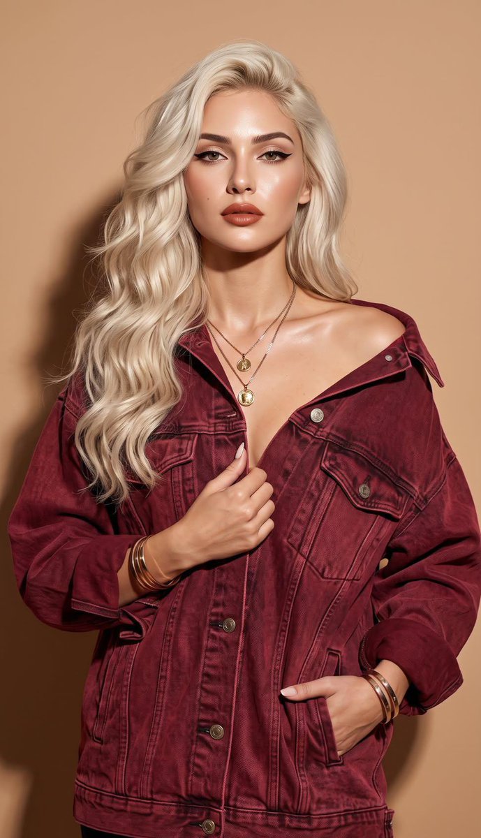 一张高级时尚商业编辑人像肖像，模特为惊艳的金发女性，拥有蓬松的波浪状铂金色长发，优雅地垂落于一侧肩膀。她身穿一件宽大的酒红洗水做旧牛仔夹克，休闲地滑落于一侧肩…