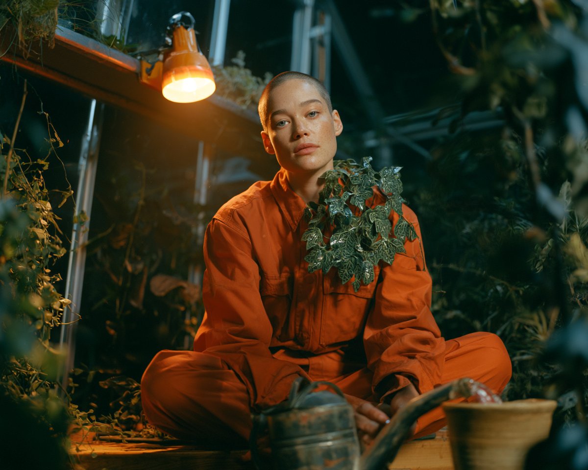 纪实风格抓拍的业余摄影作品,一位成年女性,留着短短的平头,灰色眼睛,嘴唇上方有一颗小痣,夜晚时分盘腿坐在温室里的一张木质盆栽工作台上,一丛本该是攀缘藤蔓的叶子从她的锁骨和肩膀处长…