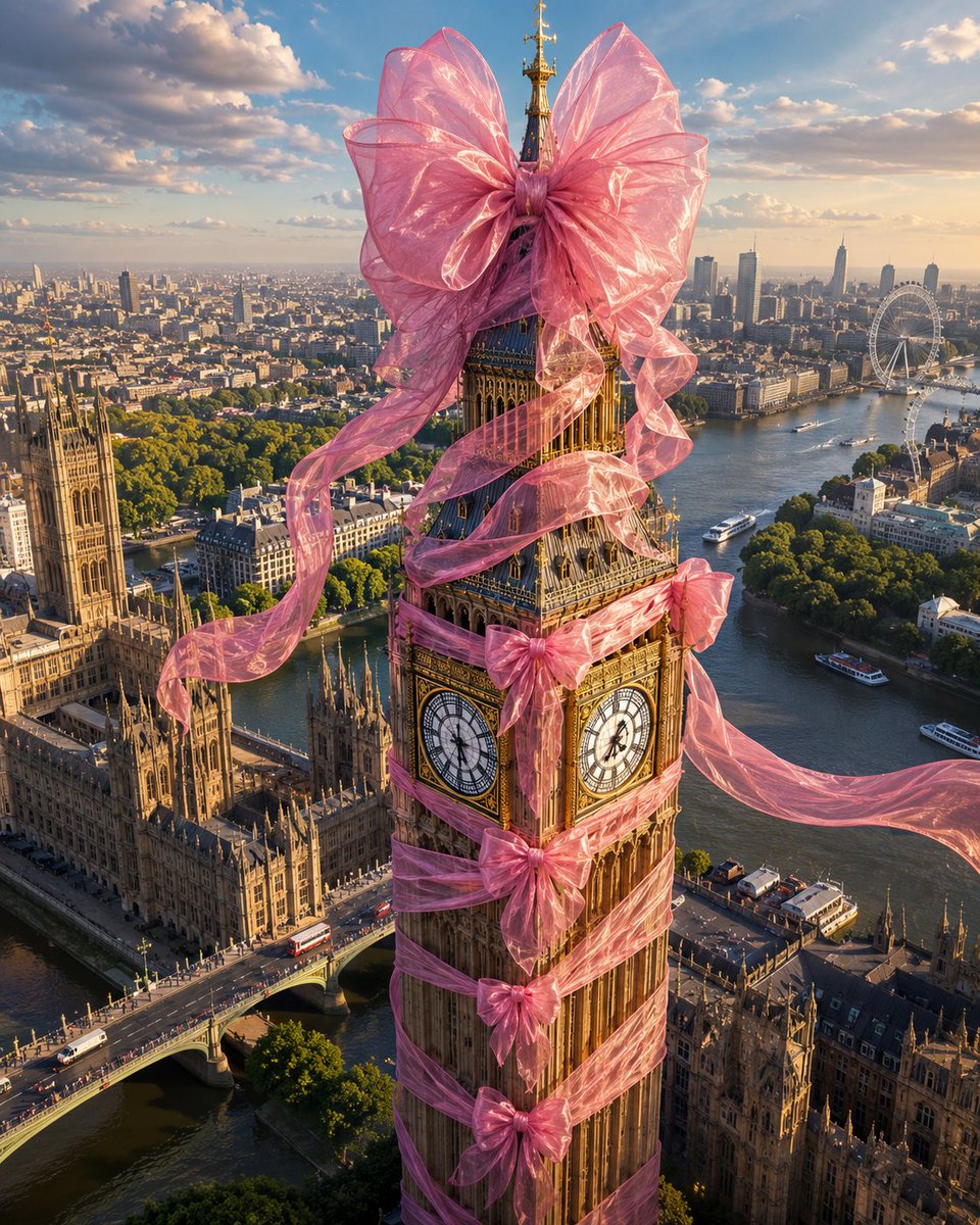 { "title": "Big Ben 时装大片：粉色欧根纱优雅缠绕", "prompt": "一幅超写实航拍杰作,以电影感直升机视角拍摄于伦敦市中心上空,呈…