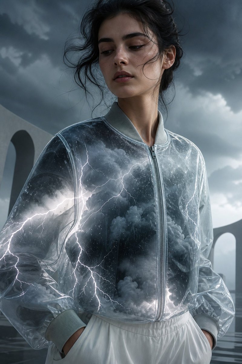 一位美丽的年轻女性，身着一件透明纸质纹理飞行员夹克，夹克内充满了实时雷暴——旋涡般的乌云、闪电、雨水在织物内部倾泻，超现实梦幻般的背景，空灵的光线，时尚编辑摄影，8k，电影感