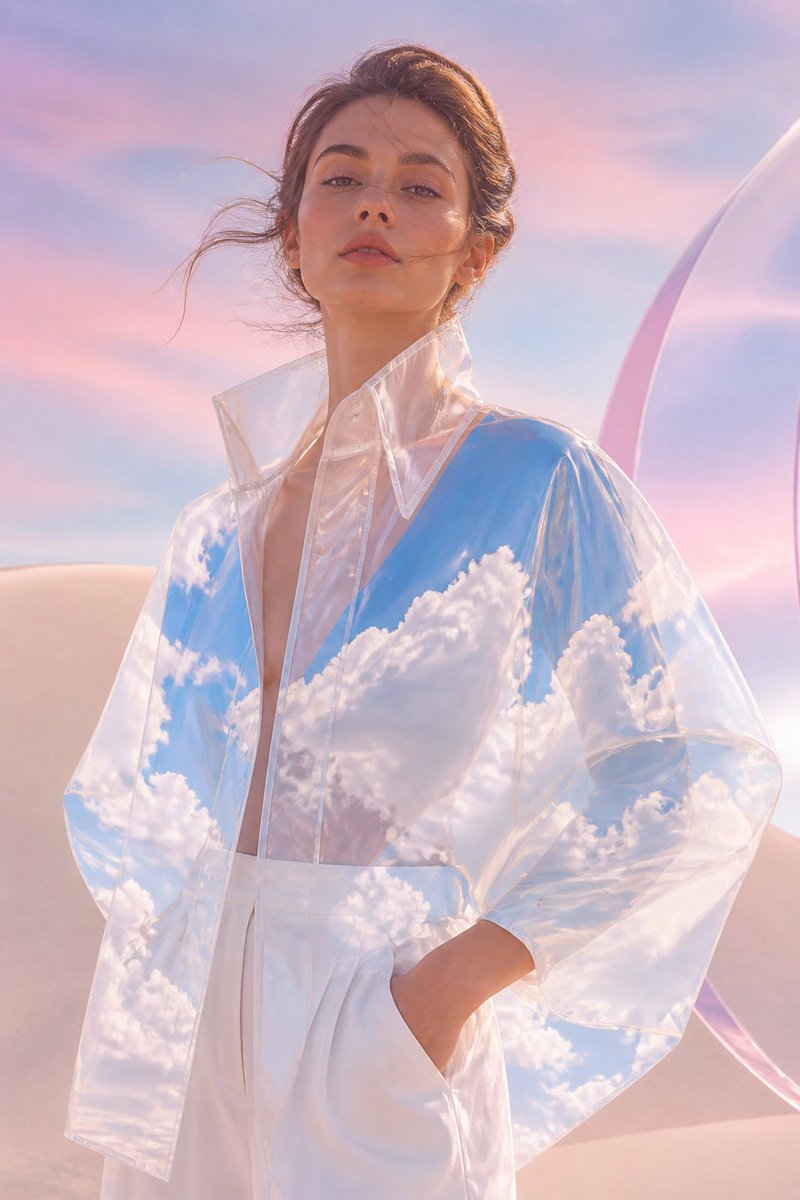 一位美丽的女性，身着一件轻盈如纸般透明的外套，外套内仿佛盛满了明媚的春日天空——洁白的蓬松积云、蓝色的天空斑块、面料上随微风轻轻荡漾的涟漪、超现实的柔和粉彩色背景、柔和梦幻的光线…