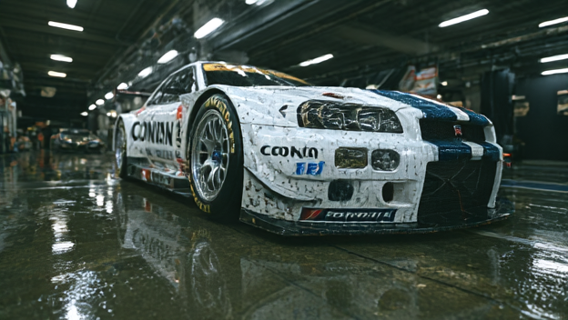 超写实的日产 Skyline GT-R R34 JGTC 赛车,真实的 Super GT 涂装,低暗调工作室打光,湿润碳纤维与光泽车漆,极度精细的轮胎,赞助商贴纸与空气动力学套件…