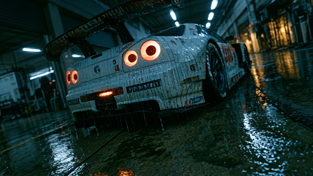 超写实的日产 Skyline GT-R R34 JGTC 赛车,真实的 Super GT 涂装,低暗调工作室打光,湿润碳纤维与光泽车漆,极度精细的轮胎,赞助商贴纸与空气动力学套件…