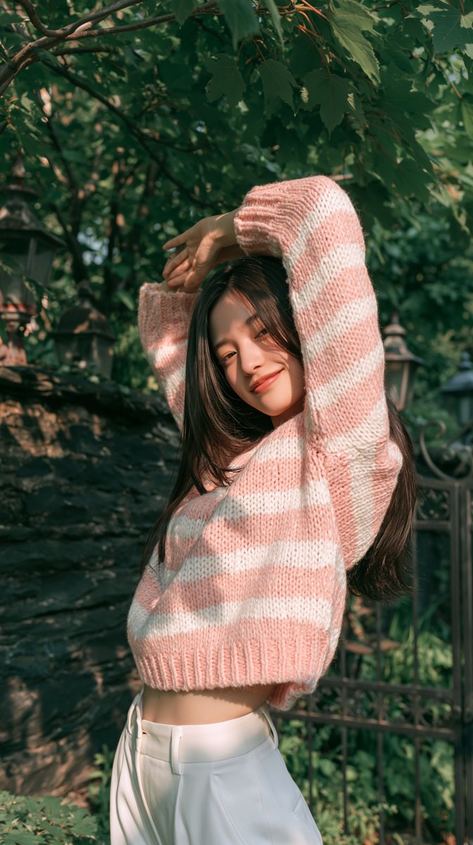一张年轻女子在葱郁绿色花园中的自然随性户外生活方式人像。她俏皮地伸展身体，双臂举过头顶，在脸庞周围形成柔和的拱形；头部微微倾斜，带着温柔而俏皮的微笑。她留着长而笔直的深棕色头发…
