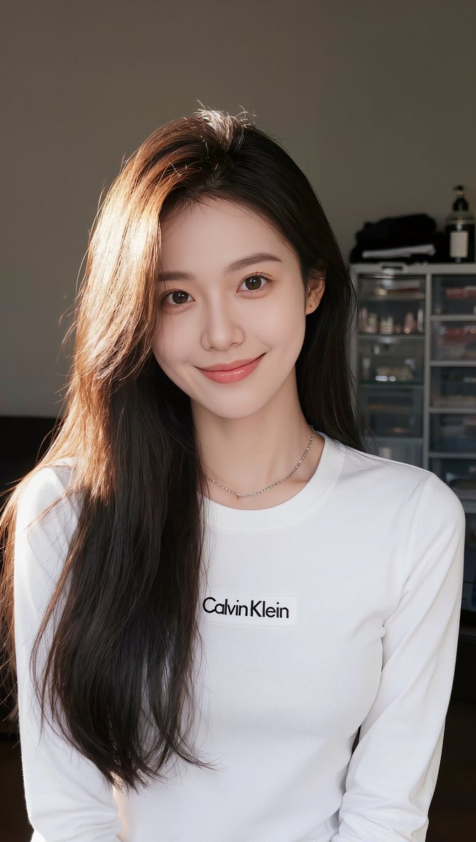 [Kling 01 提示词] ar 9:16 2K 一位年轻东亚女性的写实特写自拍照，拥有一头柔顺笔直的深棕色长发，发缝略偏一侧，垂落于右肩。她拥有柔和发光、呈现自然妆容的肌肤…