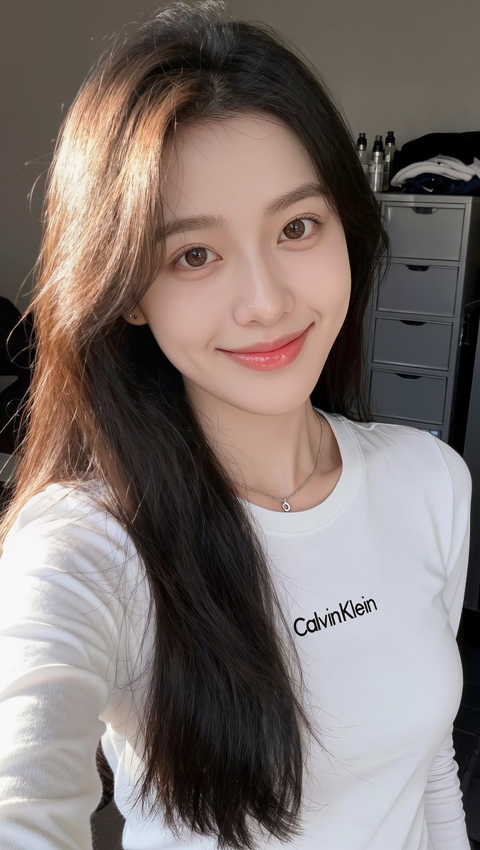 [Kling 01 提示词] ar 9:16 2K 一位年轻东亚女性的写实特写自拍照，拥有一头柔顺笔直的深棕色长发，发缝略偏一侧，垂落于右肩。她拥有柔和发光、呈现自然妆容的肌肤…