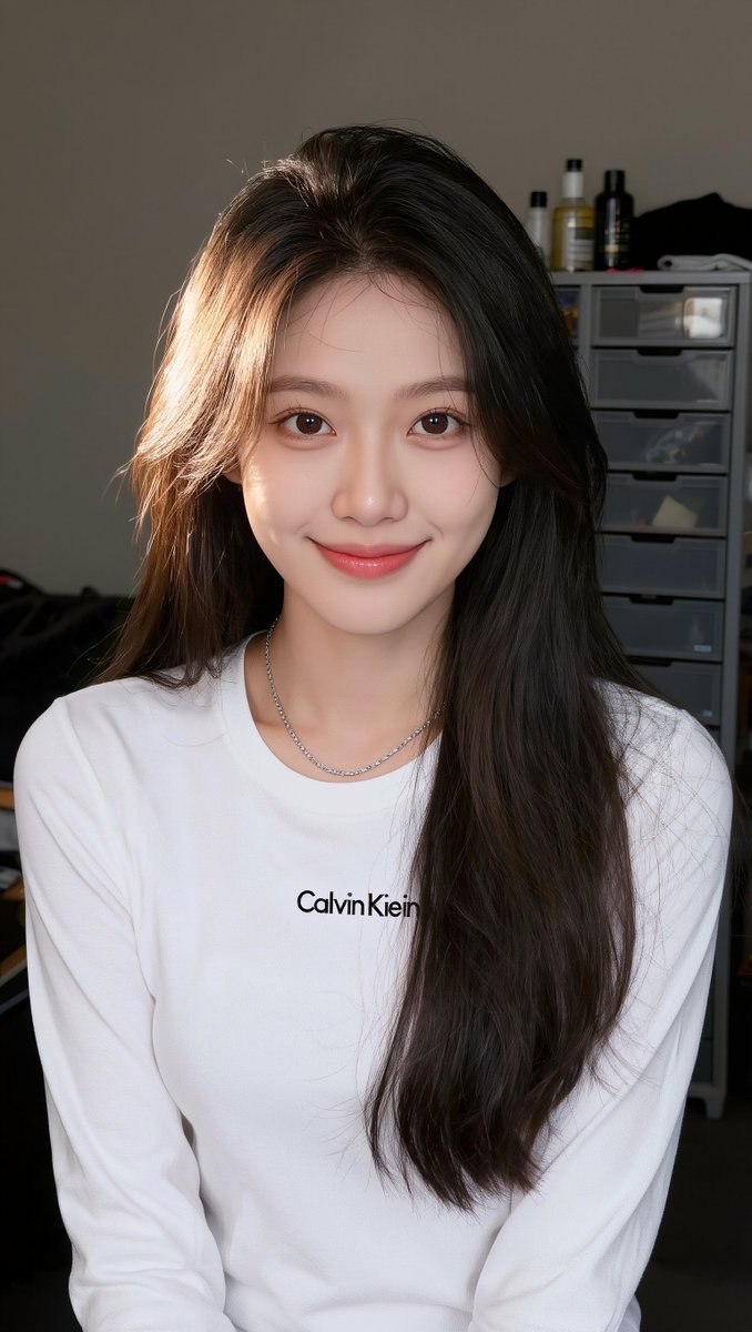 [Kling 01 提示词] ar 9:16 2K 一位年轻东亚女性的写实特写自拍照，拥有一头柔顺笔直的深棕色长发，发缝略偏一侧，垂落于右肩。她拥有柔和发光、呈现自然妆容的肌肤…